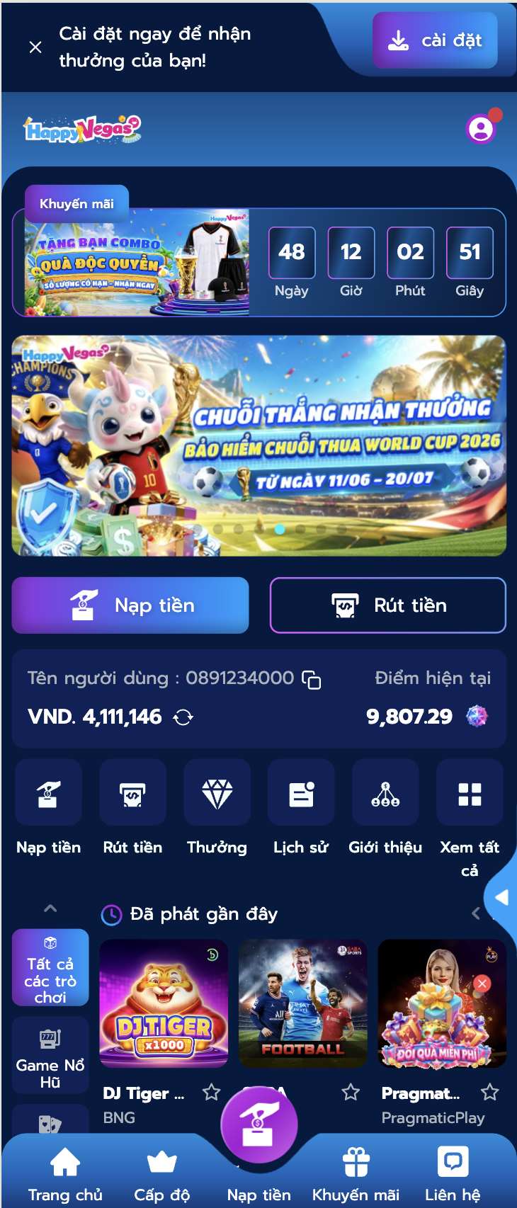 Ảnh chụp màn hình tiền thưởng HappyVegas